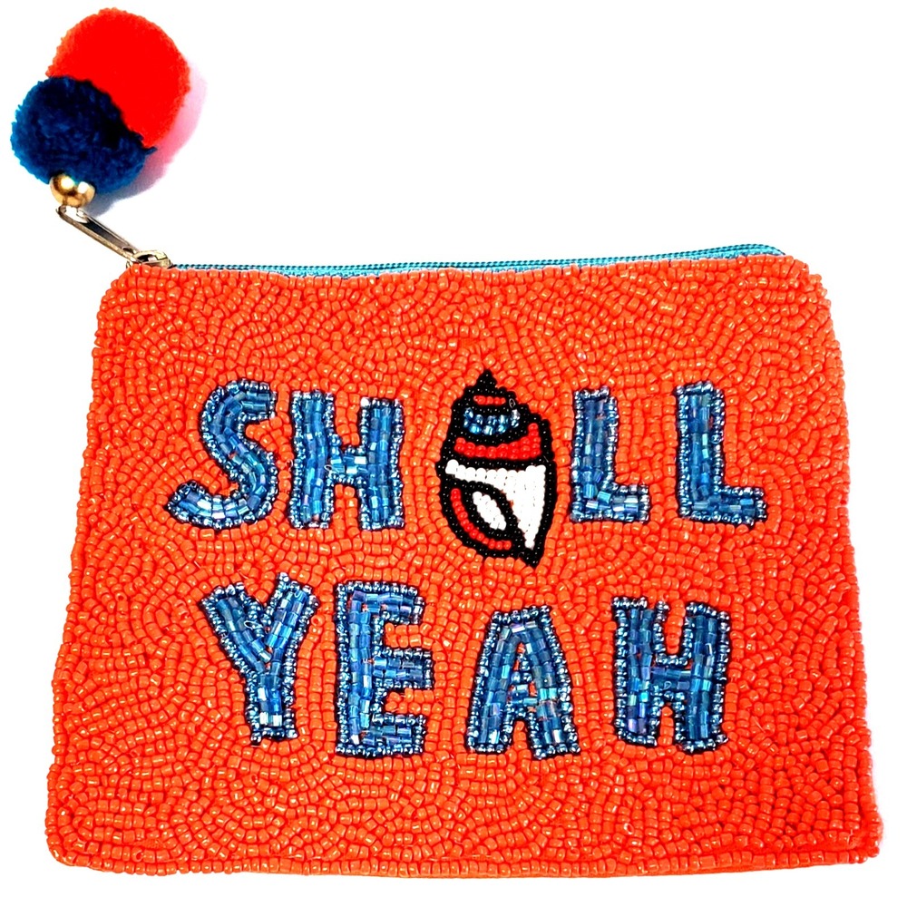 Shell Yeah Beaded Coin Purse from Nu Shuz Coral/ Blue w/ Pom Pom Orange Zipper